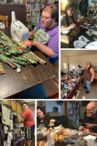 Dandelion Seeds mutual aid in action: sewing, packing food, and cooking.