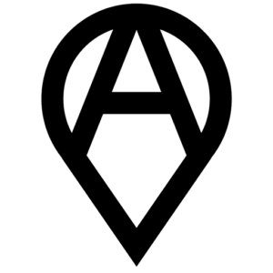 Anarchist symbol "A" in a circle inside a map pin. Howard Zinn Book Fair relevance.