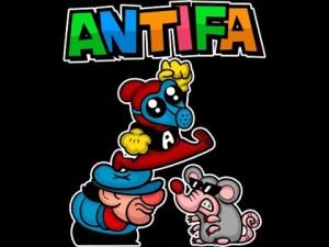Antifa: The Game cartoon art showing a masked character atop a man and rat.