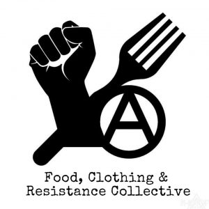 Food, Clothing & Resistance Collective logo: fist, fork, and anarchy symbol.