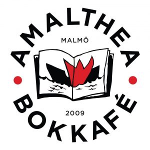 Amalthea Bokkafé logo: Open book with a red flame, "Amalthea Malmö Bokkafé 2009" text.