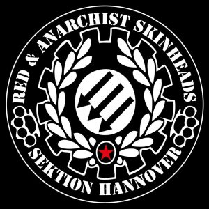 Red and Anarchist Skinheads Sektion Hannover logo with three arrows, gear, laurel, brass knuckles, and a red star.