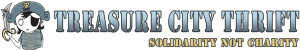 Treasure City Thrift logo: Pirate character and text "Treasure City Thrift, Solidarity Not Charity.