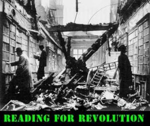 People reading in a bombed-out library, "Reading for Revolution". Victoria Anarchist Reading Circle.