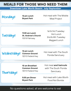 Lake Worth Beach free meal schedule, July-September. Includes Food Not Bombs Lake Worth.