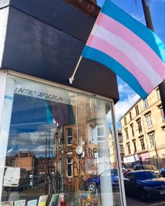 Trans flag flying outside "Category is Books" bookstore. Window says, "Trans rights are human rights.