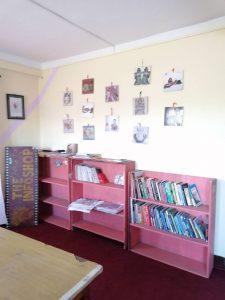 Infoshop Nepal's cozy library with pink bookshelves and wall decorations.