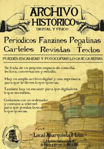 Flyer advertising El Local Anarquista Motín's archive: newspapers, fanzines, posters, and more.