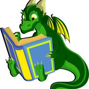 Green dragon engrossed in reading a book at The Portal Bookshop.