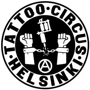 Tattoo Circus Helsinki logo: chained fists, tattoo gun, anarchy symbol.