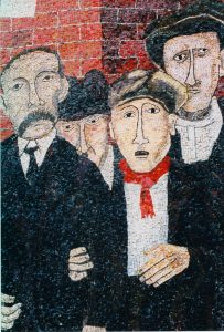 Mosaic art depicting "The Passion of Sacco and Vanzetti," showing four men with serious expressions.