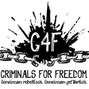Criminals for Freedom logo: Broken chain with 'C4F' on a splattered background.