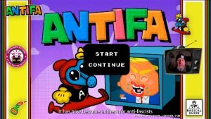 Antifa game screenshot with "Start" button, cartoon characters, and Donald Trump caricature. An "Antifa" title is at the top.