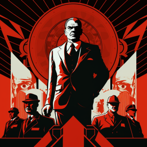 Stylized illustration of a stern authority figure surrounded by subordinates, reflecting themes of power and control.