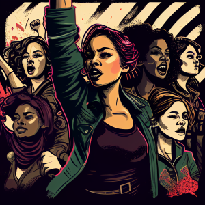 Diverse group of women protesting, relevant to feminist theory and anarchism.