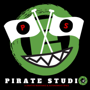 Pirate Studio logo for Kalye Pogi, featuring crossed flags and a stylized, grinning face.