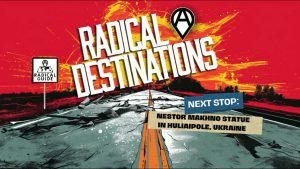 Radical Destinations: Nestor Makhno Statue graphic. Road leading to statue site in Huliaipole, Ukraine.