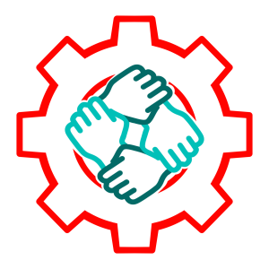 Teamwork gear icon with four hands symbolizing collaboration and support in a red gear outline.